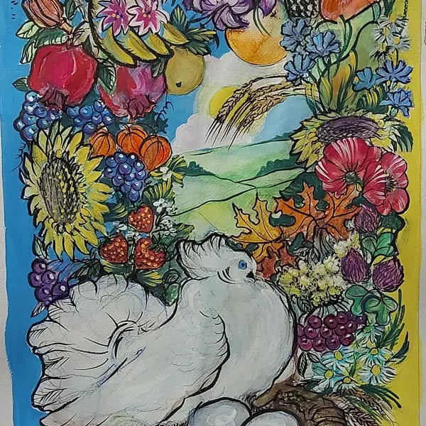 OlgaDjomina, 30 x 40, 2022, Papier, Aquarellstifte, 
Gouache