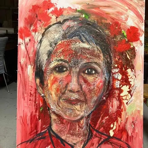 Renate Moran, „Großes Porträt - Barbara Prammer“ Entstehung 2023, 100 x 130 cm, Mischtechnik