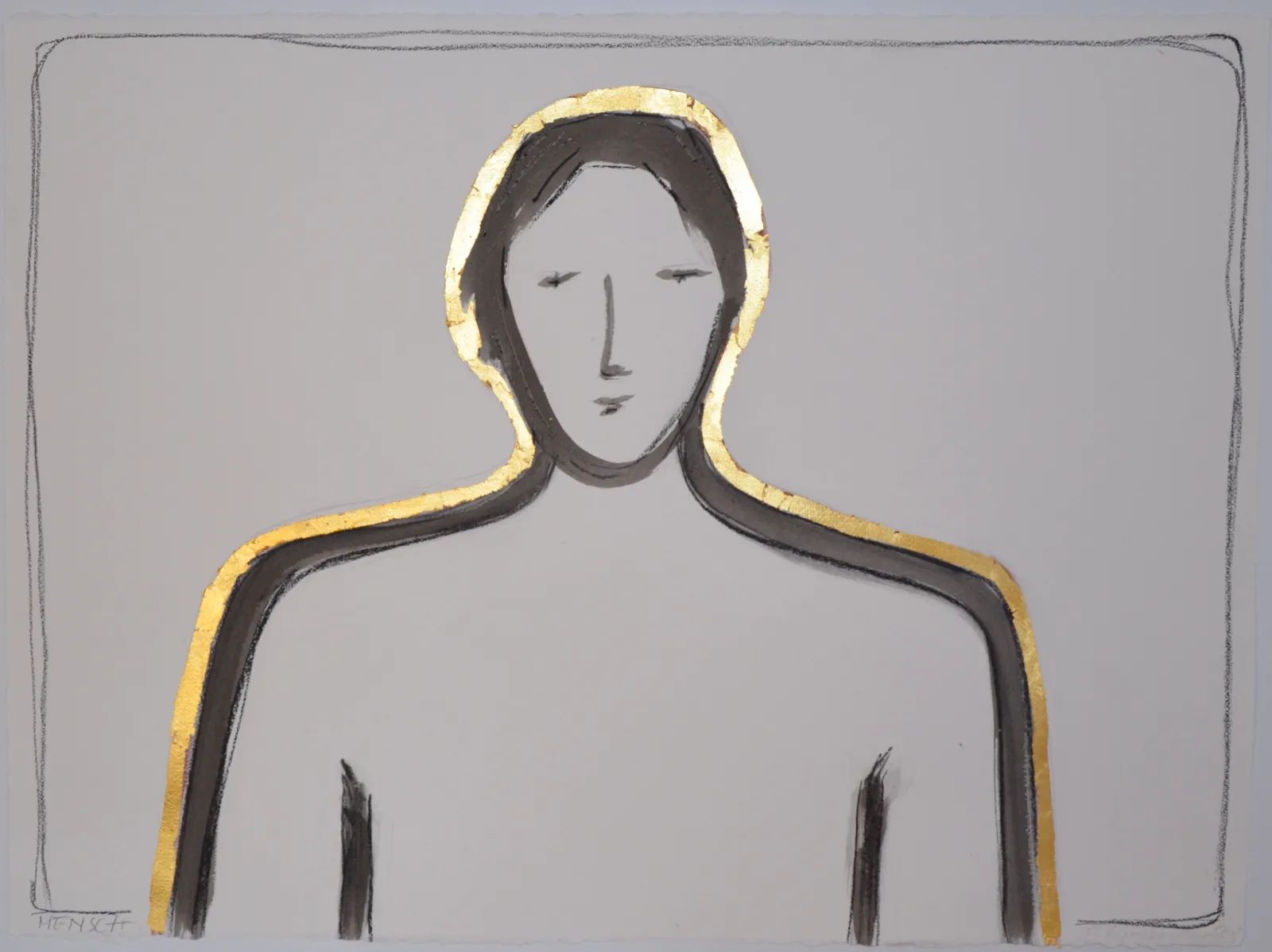 Kunststück: Mensch, Tusch, Kohle, Blattgold auf Büttenpapier, 76 x 56 cm