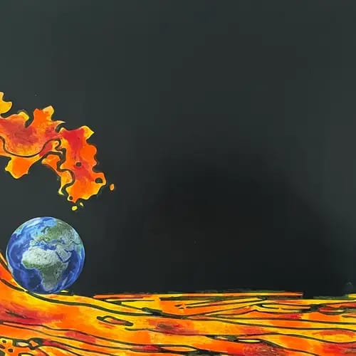 Kurt Mitterndorfer, Wenn die Welt brennt 2... dann wird Wasser zu Feuer, Ölstick auf Leinwand, 70 x 60 cm, Die Welt geht zugrunde, und wir tun nichts dagegen!