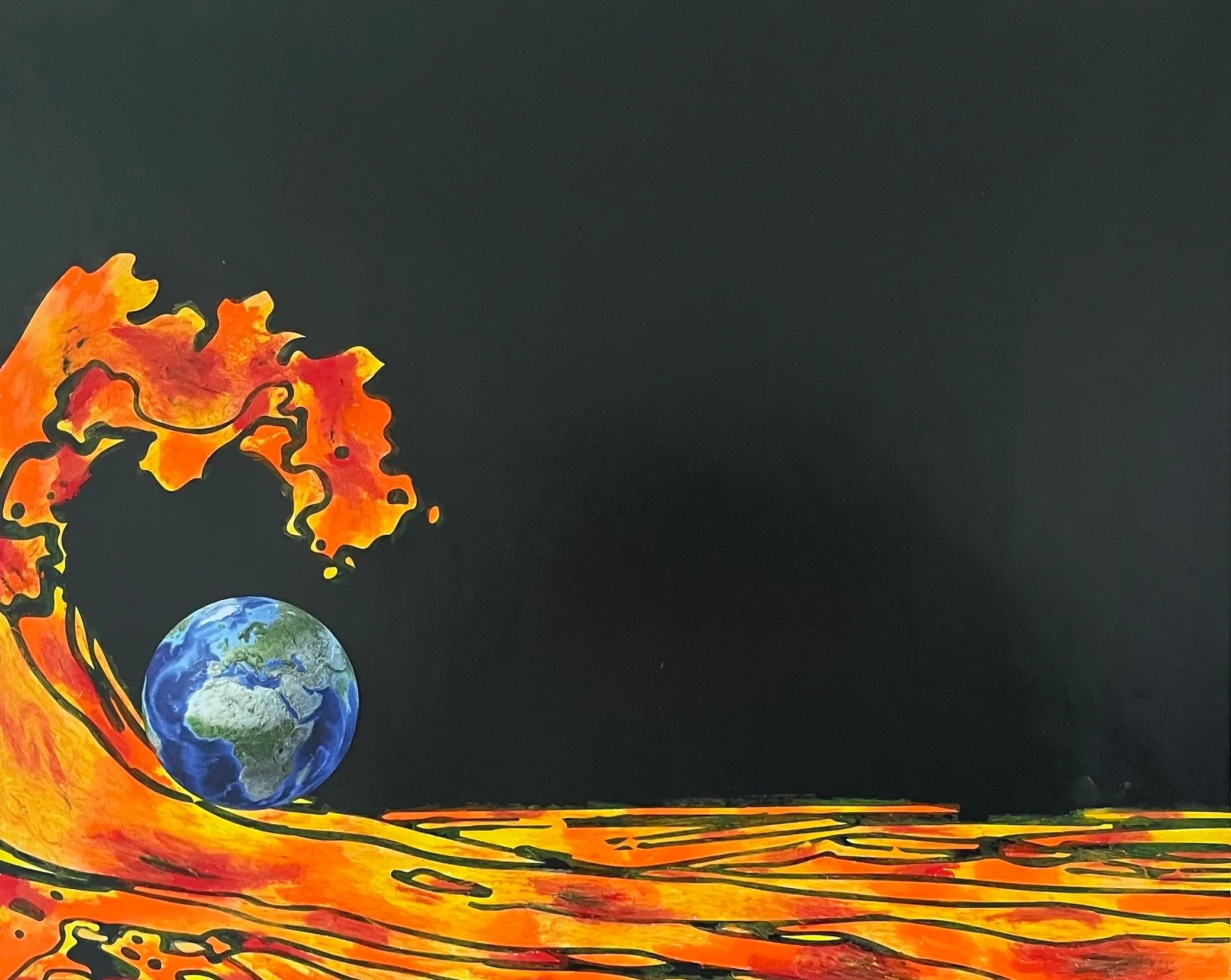 Kunststück: Wenn die Welt brennt 2... dann wird Wasser zu Feuer, Ölstick auf Leinwand, 70 x 60 cm, Die Welt geht zugrunde, und wir tun nichts dagegen!