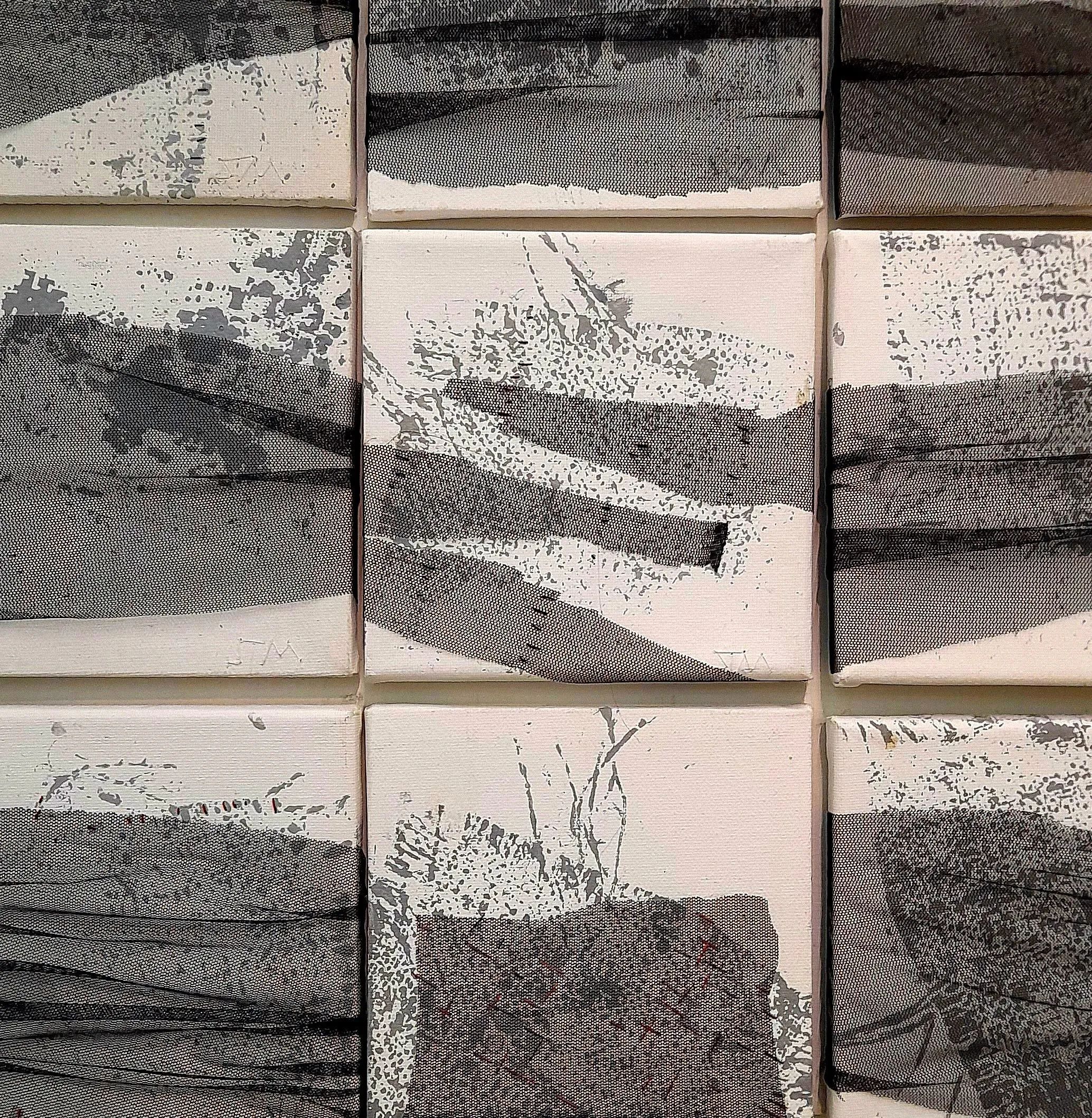 Kunststück: Wabi Sabi (Ausschnitt)  2023, je 20x20 cm; Materialdruck (Jute), Tüll