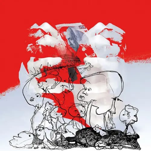 Renée Kellner, DER FALSCHE 50IGER & SEINE MISCHPOCHE, MIXEDMEDIA, photoinszenierung, 
radierung, 
gedruckt barytpapier,
50 x 50 cm