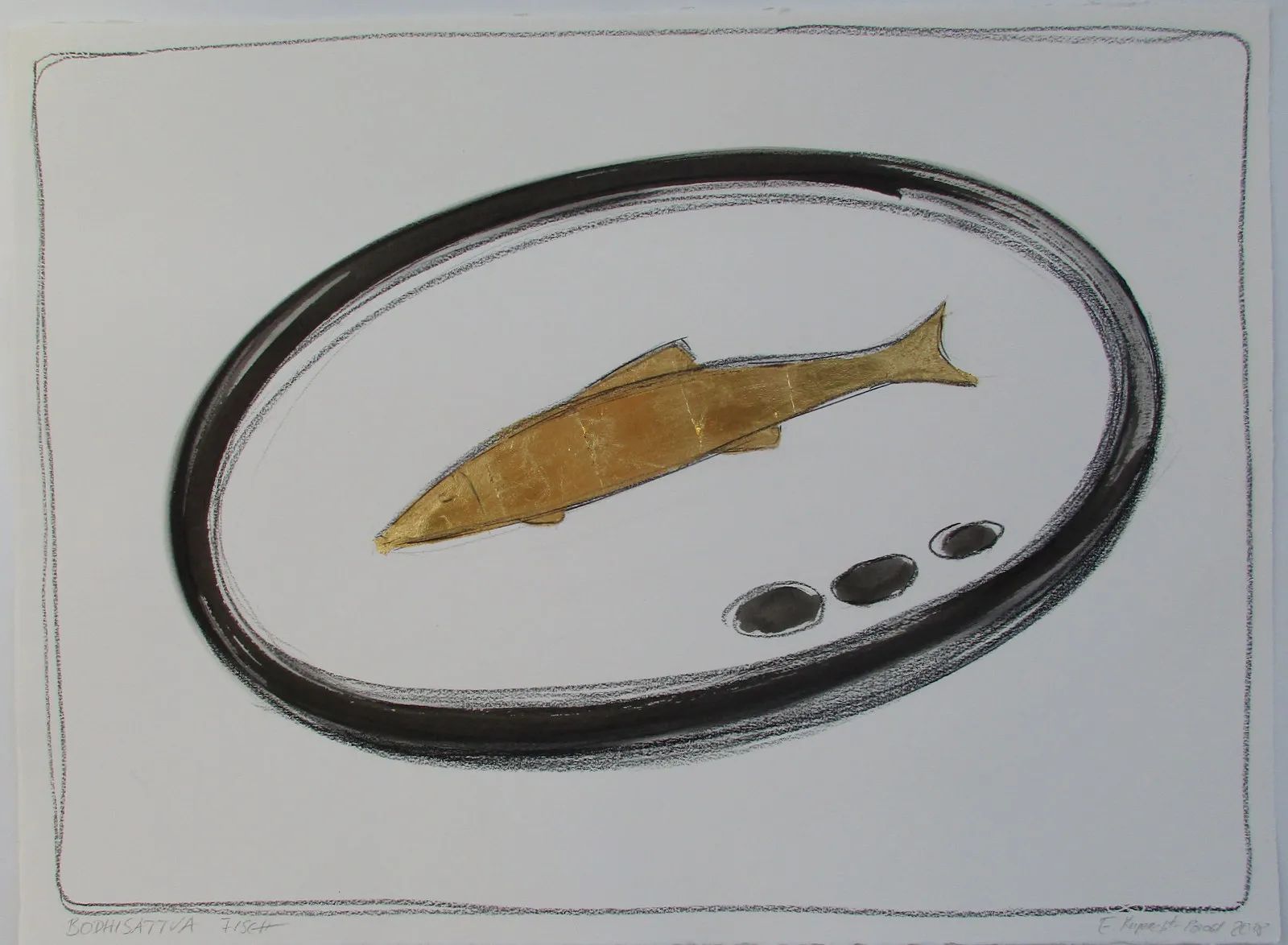 Kunststück: Hommage an die Opferbereitschaft der Fische, Tusch, Kohle, Blattgold auf Büttenpapier, 76 x 56 cm