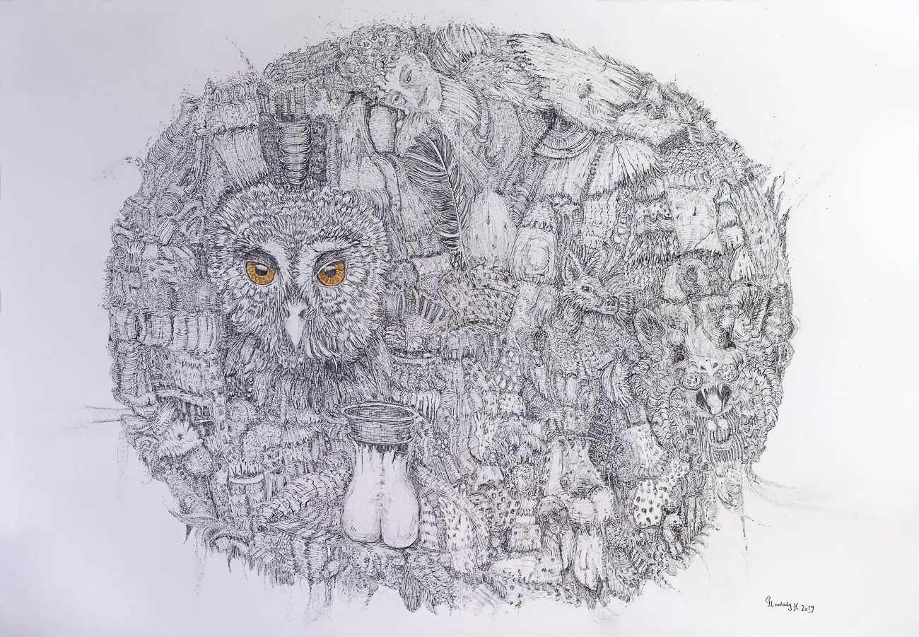 Kunststück: Bark Entities, Tuschezeichnung, Aquarelle, 75 x 110 cm
2019, Repro: Peter Weissböck