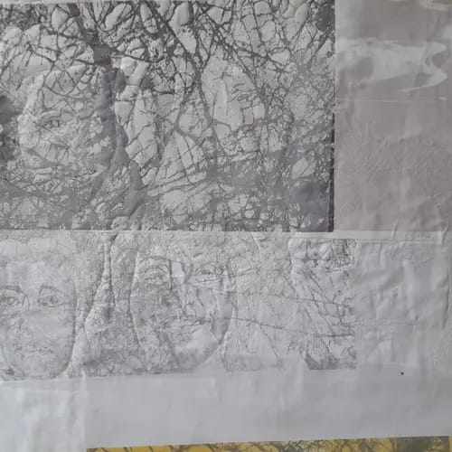 Monika Steiner, Urgestein/e  2023, 54 x 67, aus der Serie „Spurensuche“textile Collage, Siebdruck auf BW