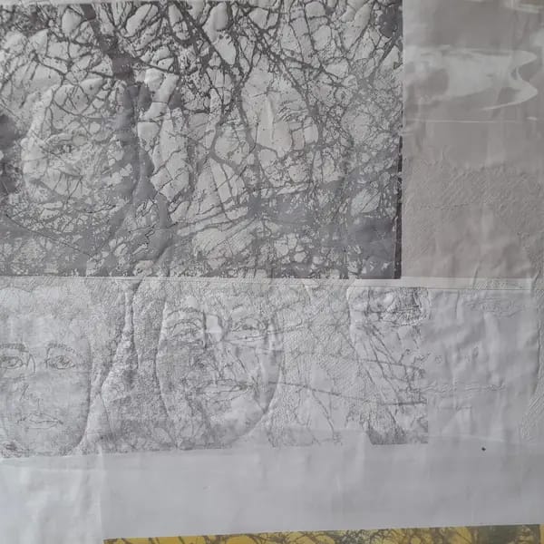 MonikaSteiner, Urgestein/e  2023, 54 x 67, aus der Serie „Spurensuche“textile Collage, Siebdruck auf BW