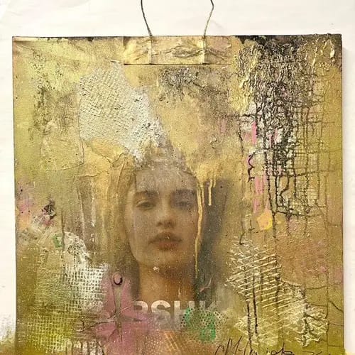 Maryna  Haidamaka, „Birkin Tasche", Collage, Öl, Acryl, Papier, Leinwand, 2024, 60*60