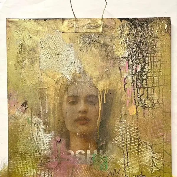 Maryna Haidamaka, „Birkin Tasche", Collage, Öl, Acryl, Papier, Leinwand, 2024, 60*60