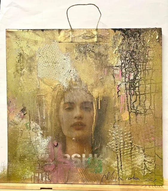 Kunststück: „Birkin Tasche", Collage, Öl, Acryl, Papier, Leinwand, 2024, 60*60
