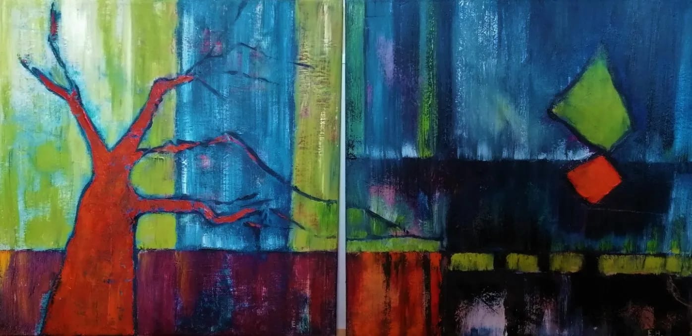 Kunststück: „the red one“
Öl auf Leinwand / 2 mal 60 x 60 cm