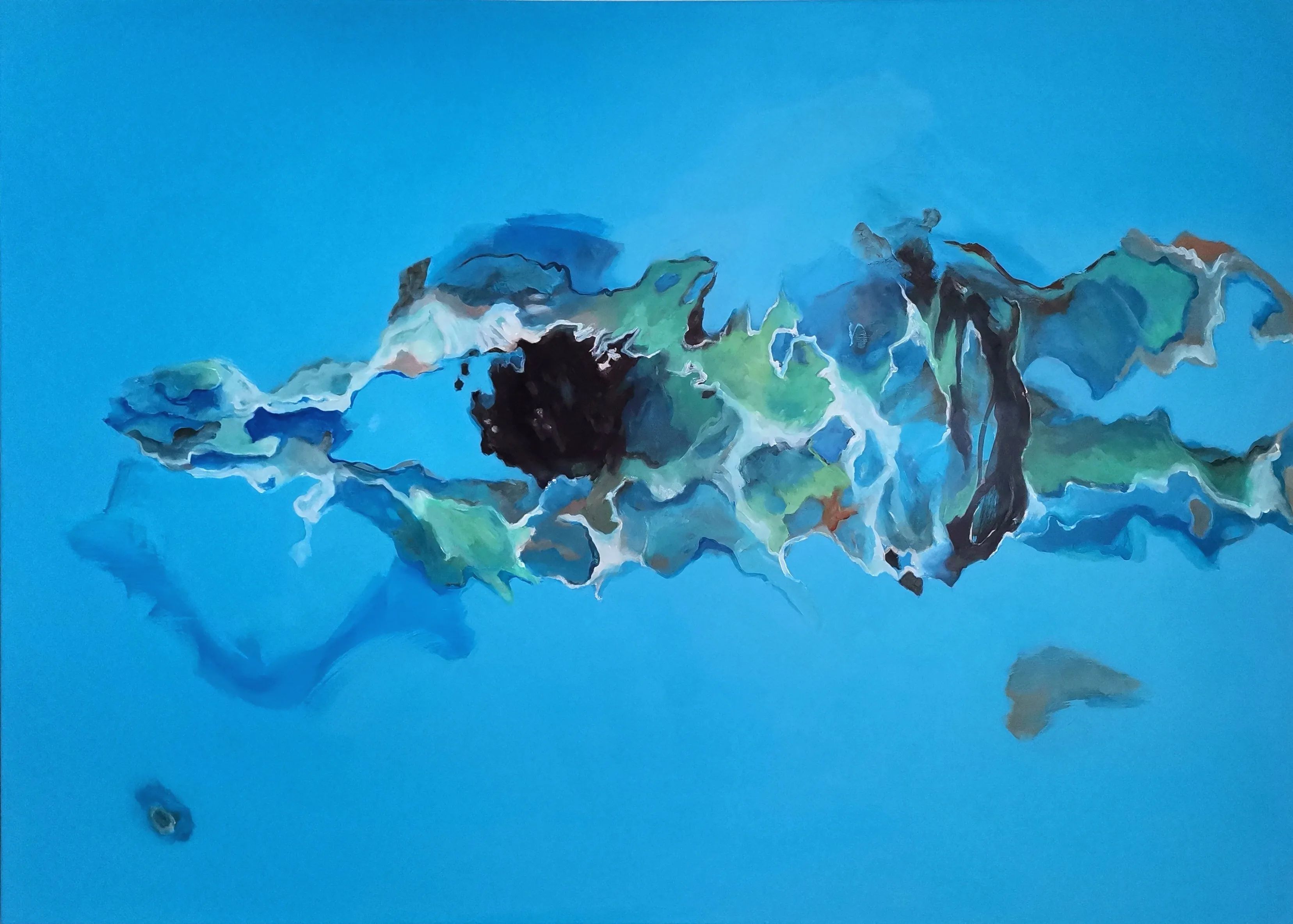 Kunststück: Bahnen ziehen, Acryl auf LW, 100 x 140cm, 2023
Bei sich sein, keine Grenzen haben, Frieden finden beim Ziehen von Bahnen im unendlichen Blau.