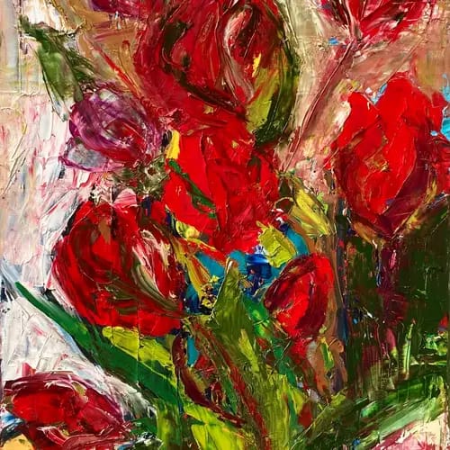 Karin Arico, Rote Tulpen, 120 x 60, Öl, 2024