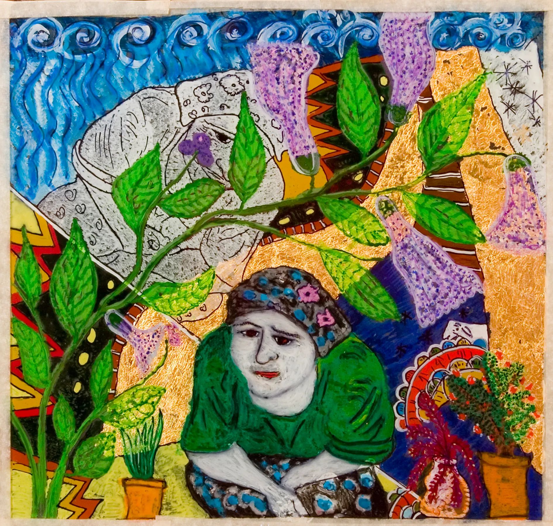 Kunststück: Gülistan zwischen den Welten, 36 x 36 cm, Hinterglas Mischtechnik